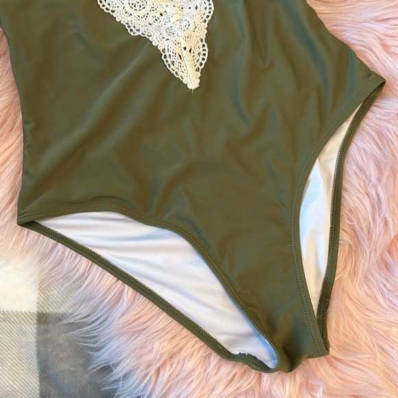 Cupshe Olive Sage Green Crotchet Criss Cross Backless Sexy One Piece Swimsuit - Picture 3 of 11